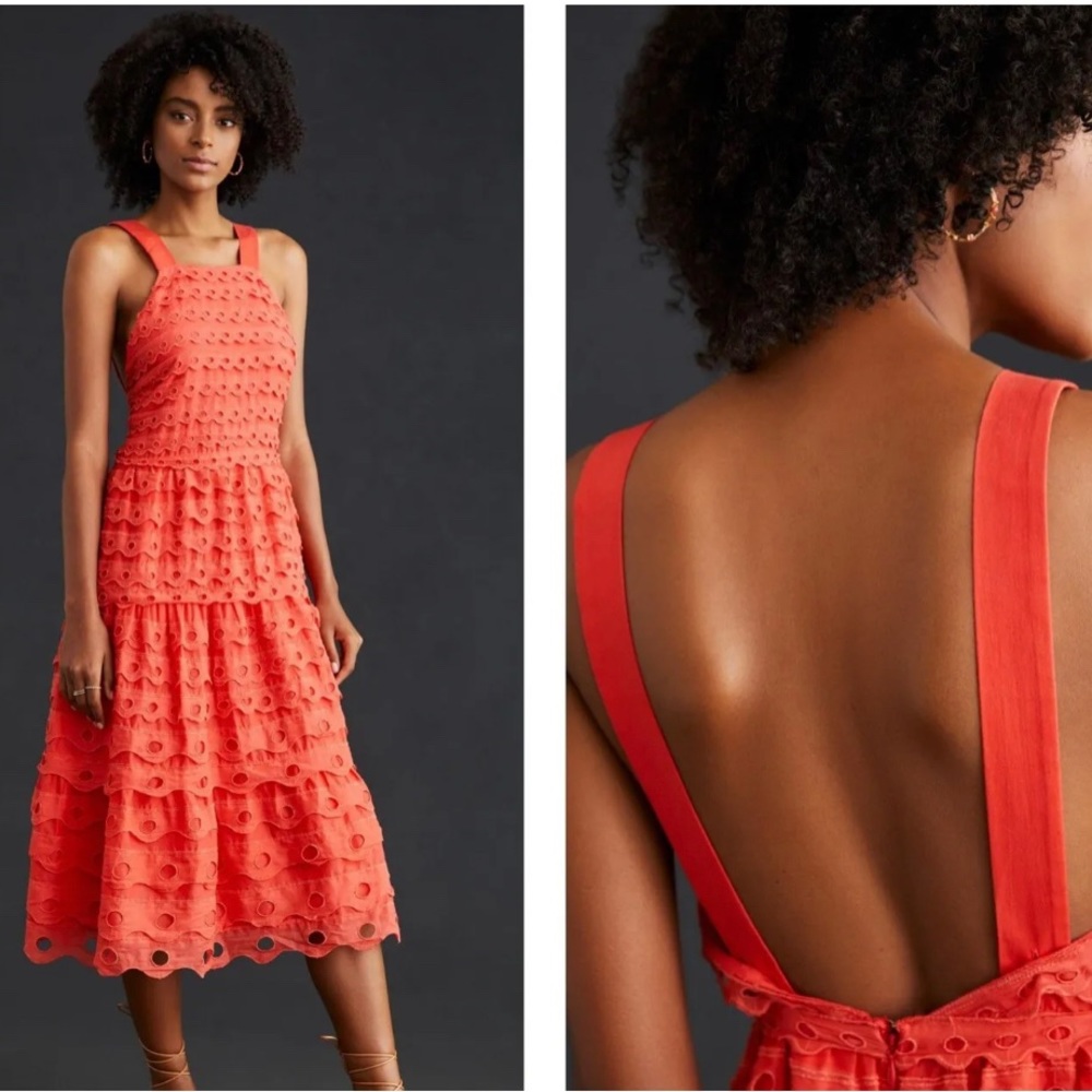 Anthropologie Coral Eyelet Midi Dress